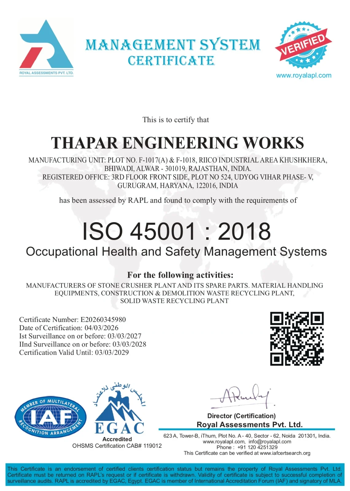 ISO 45001:2018 Health Safety Management Certificate